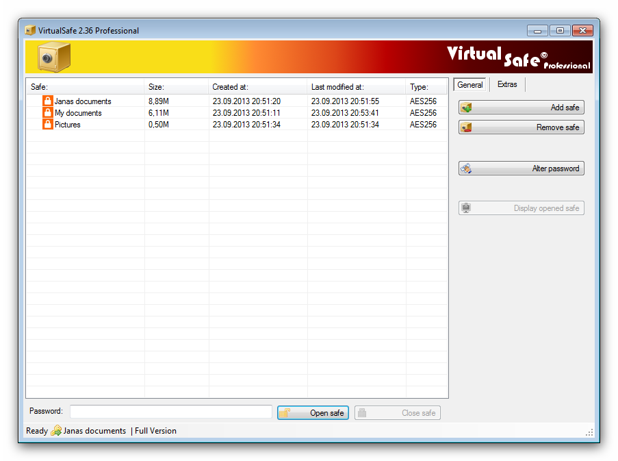 Virtual Safe Professional is a software for secure encryption and decryption of files and directories. You can create virtual safes, that are stored encrypted by a user-defined key securely in your file system.